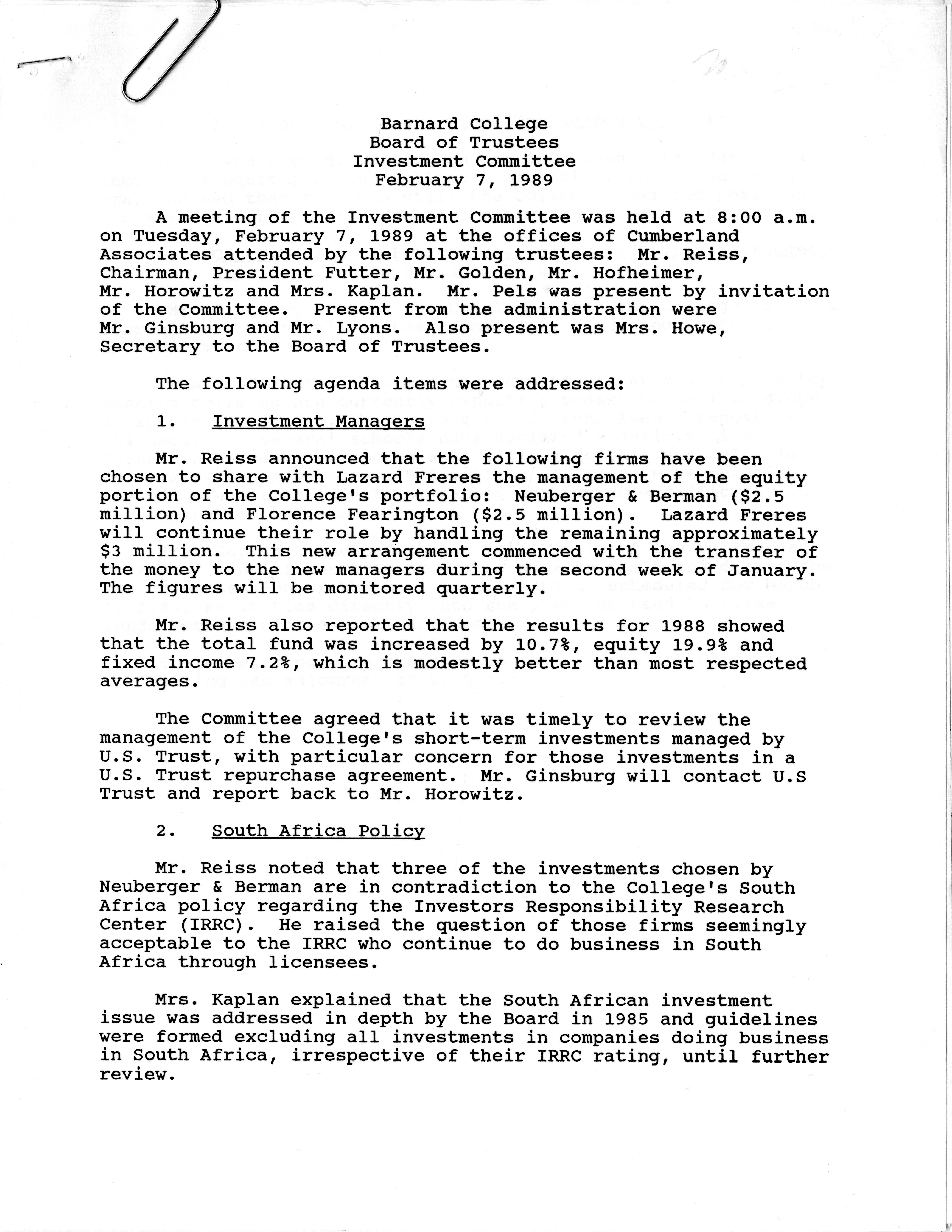 Investment Committee meeting minutes