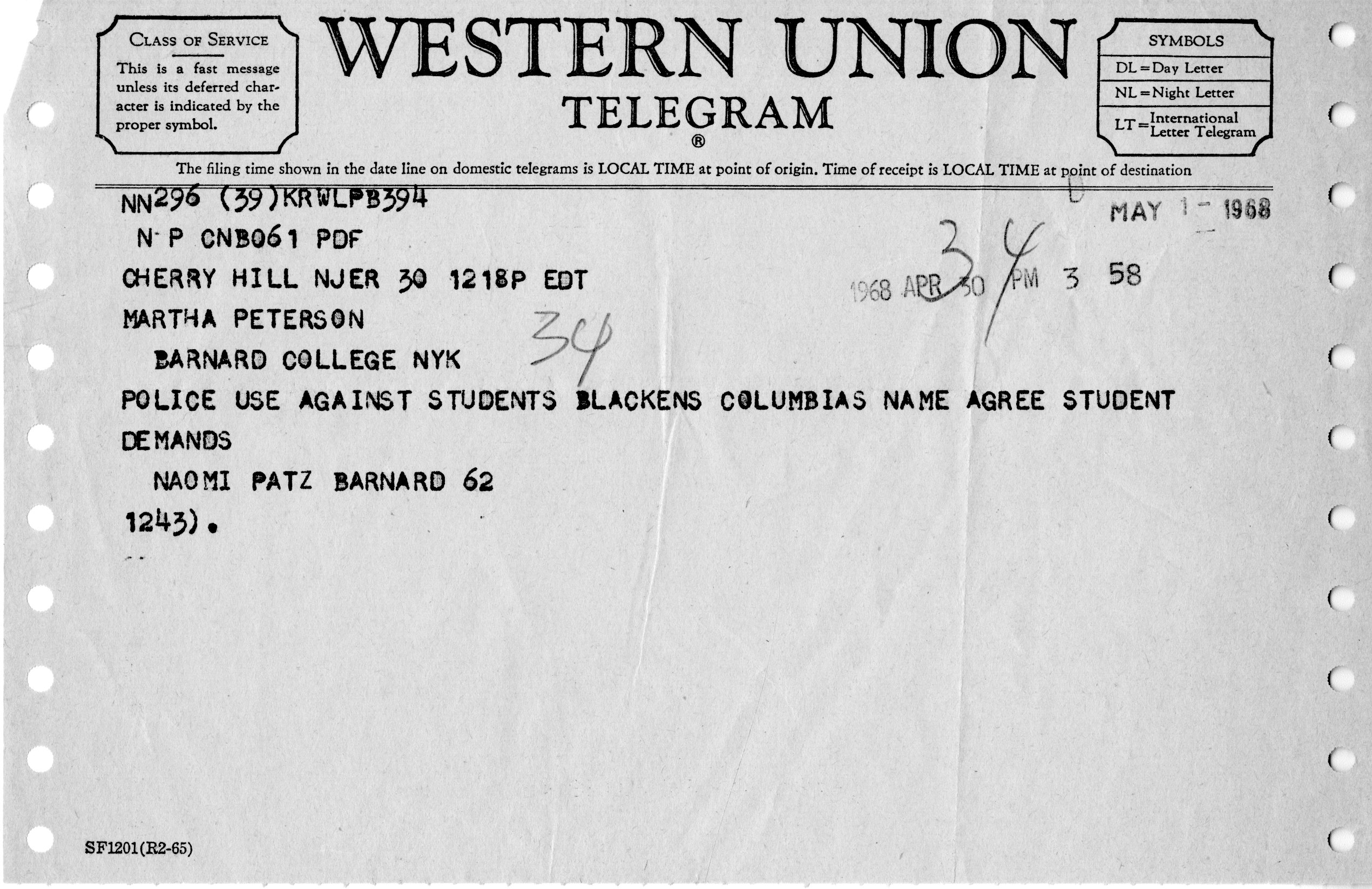 Telegram, May 1, 1968