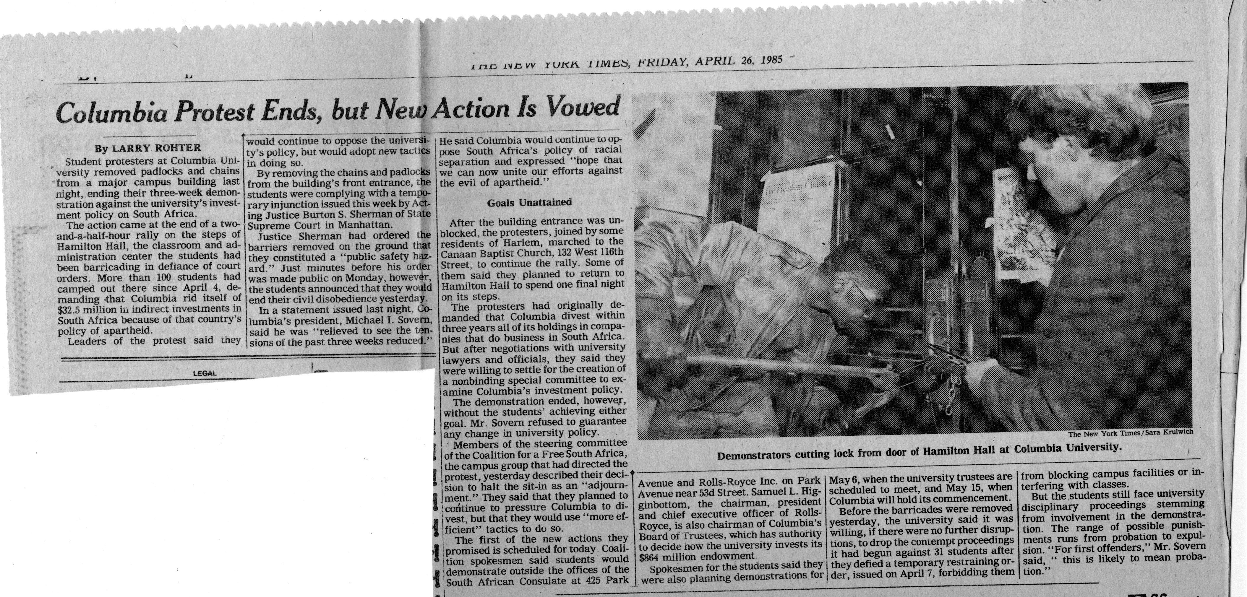 New York Times clipping, April 26, 1985