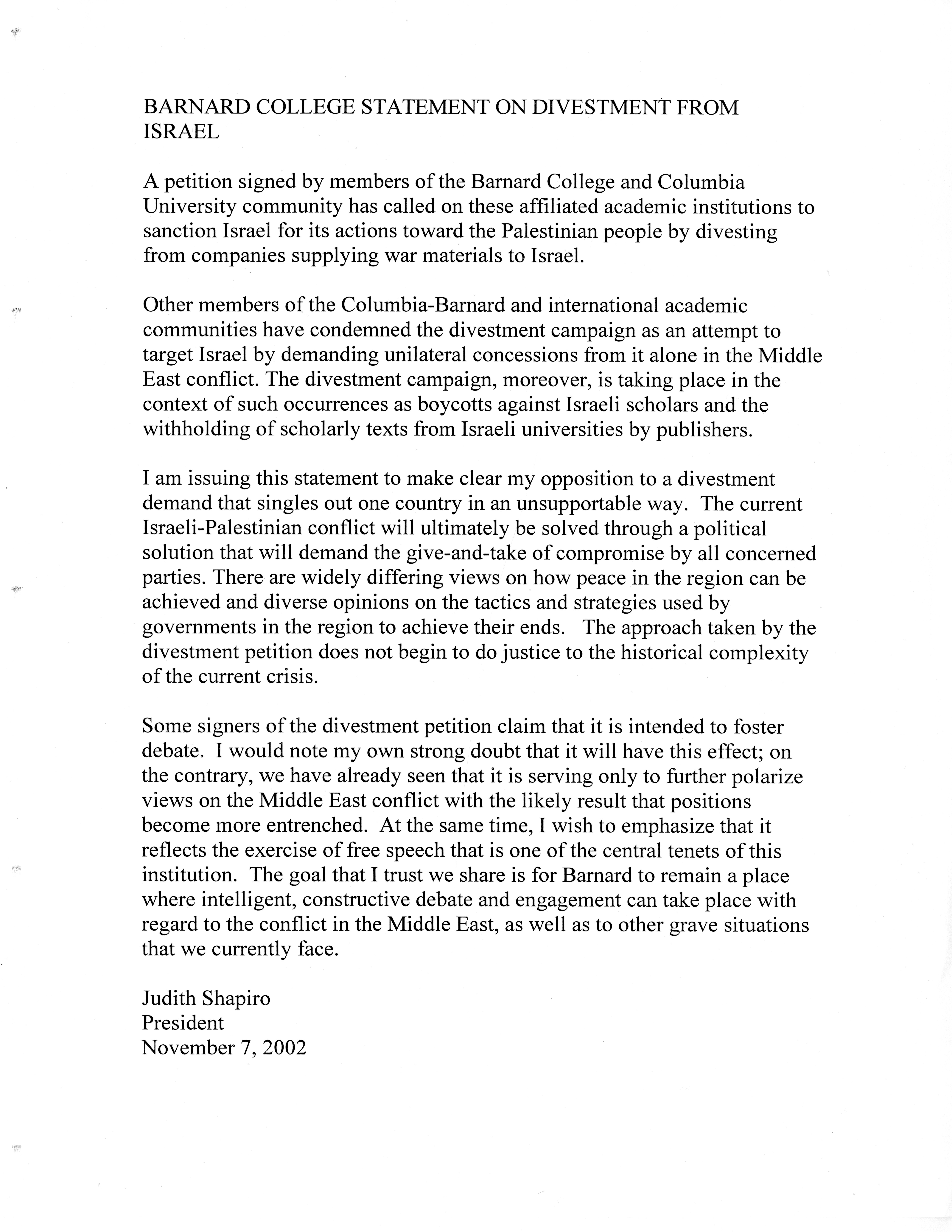 Statement from Judith Shapiro on Divestment from Israel
