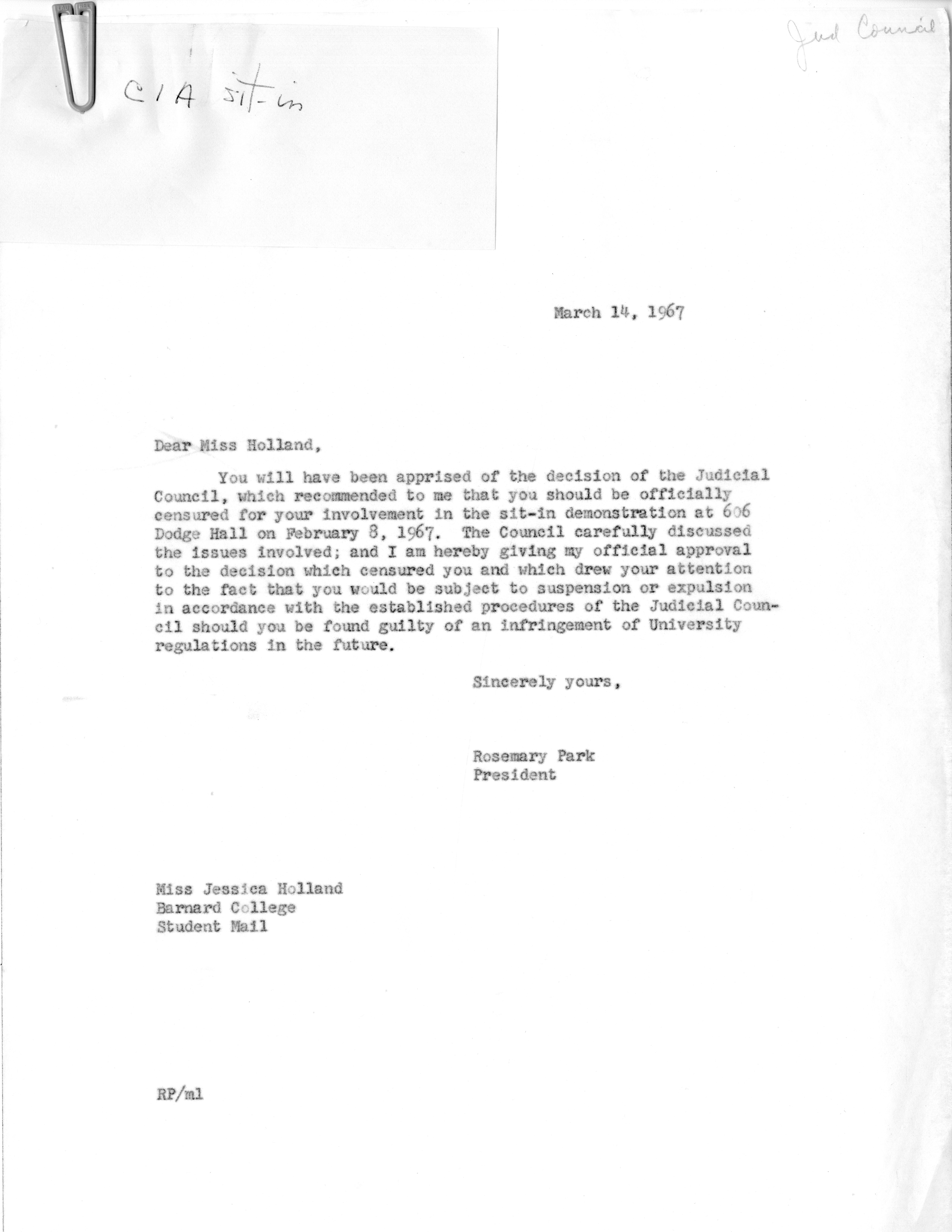 Letter from President Rosemary Park to Jessica Holland confirming censure, March 14, 1967.