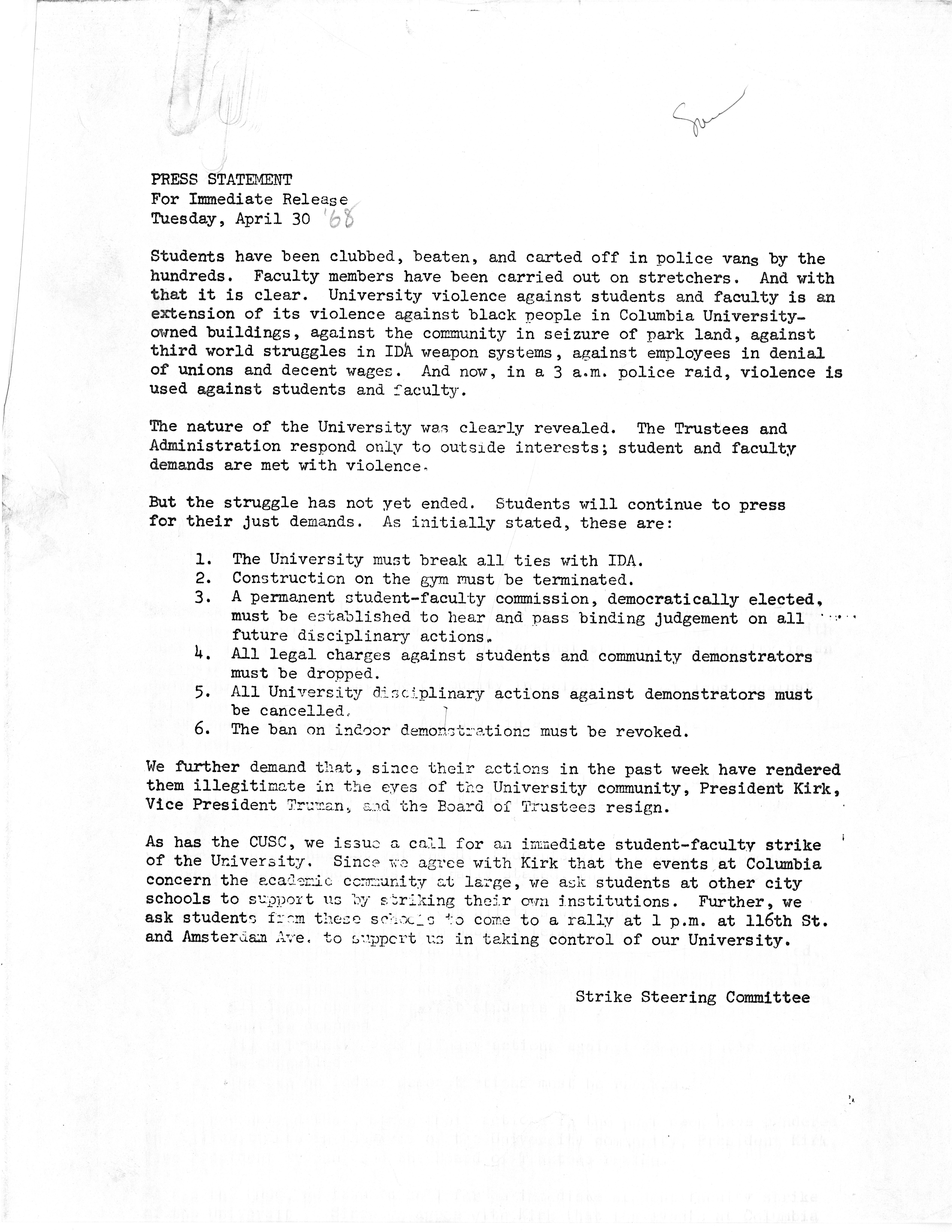 Strike Steering Committee Press Statement, April 30, 1968.