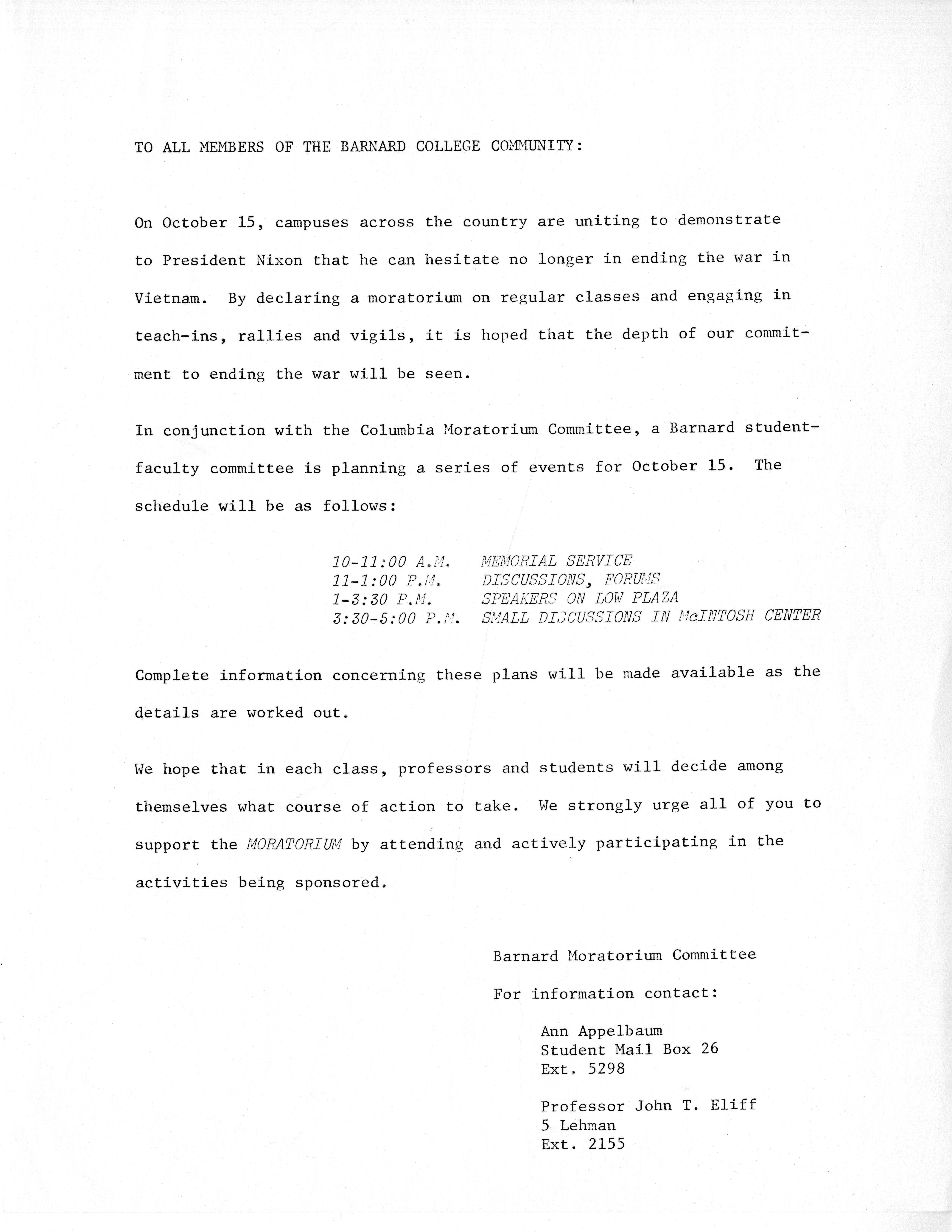 Memo and itinerary from the Barnard Moratorium Committee, October 1969.