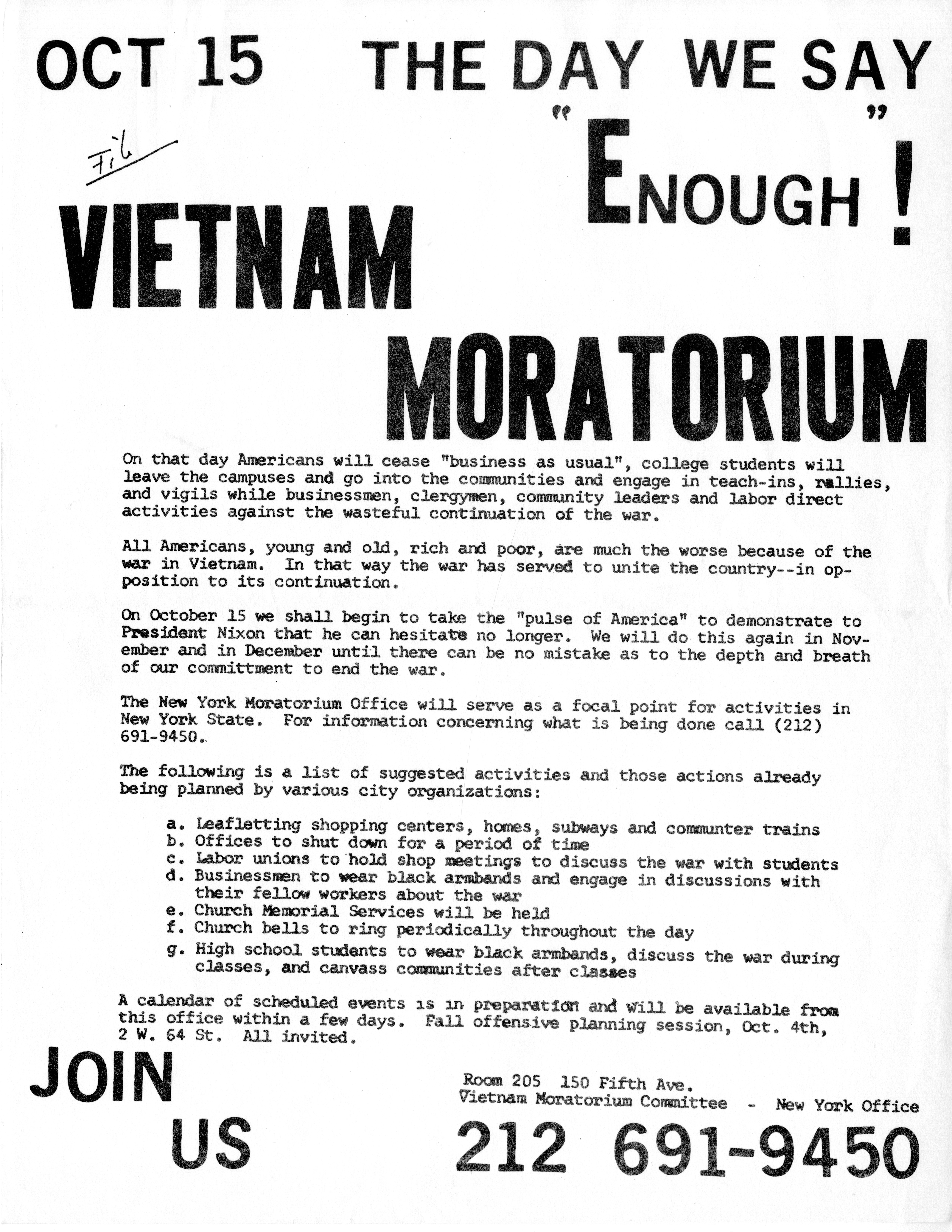 Flyer for the Moratorium to End the War in Vietnam, 1969.