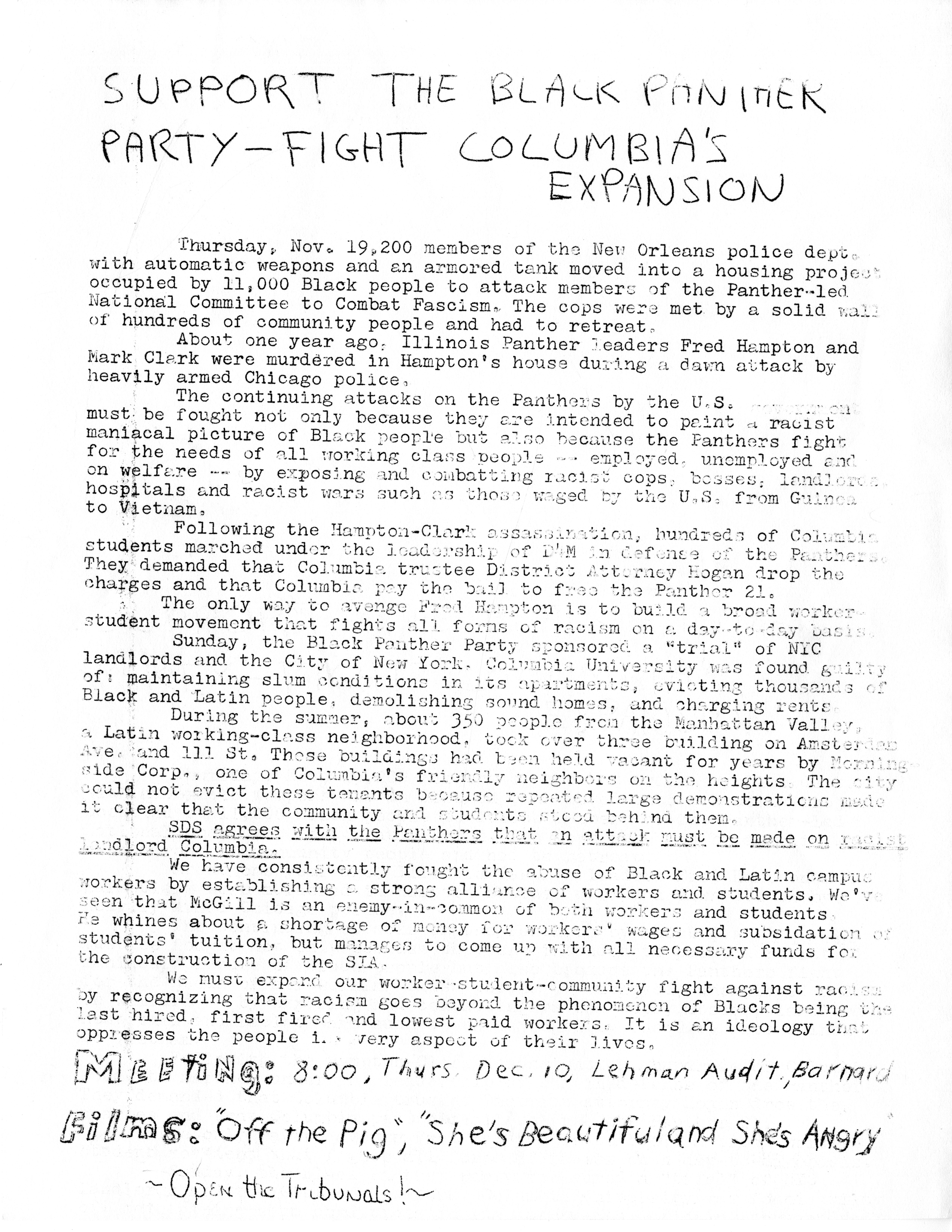 'Support the Black Panther Party - Fight Columbia's Expansion' flyer, December 1970.