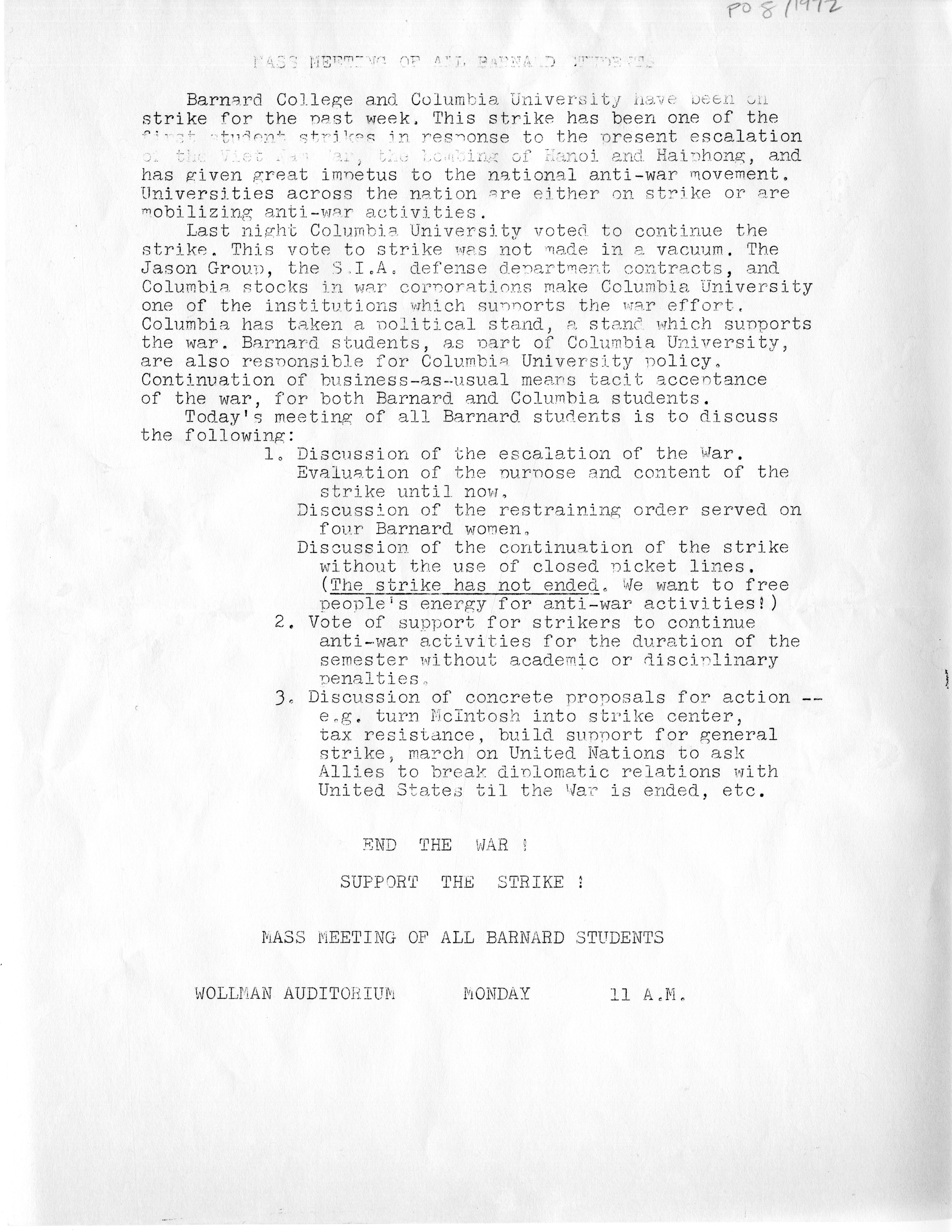Mass meeting of all Barnard students, circa April 1972.