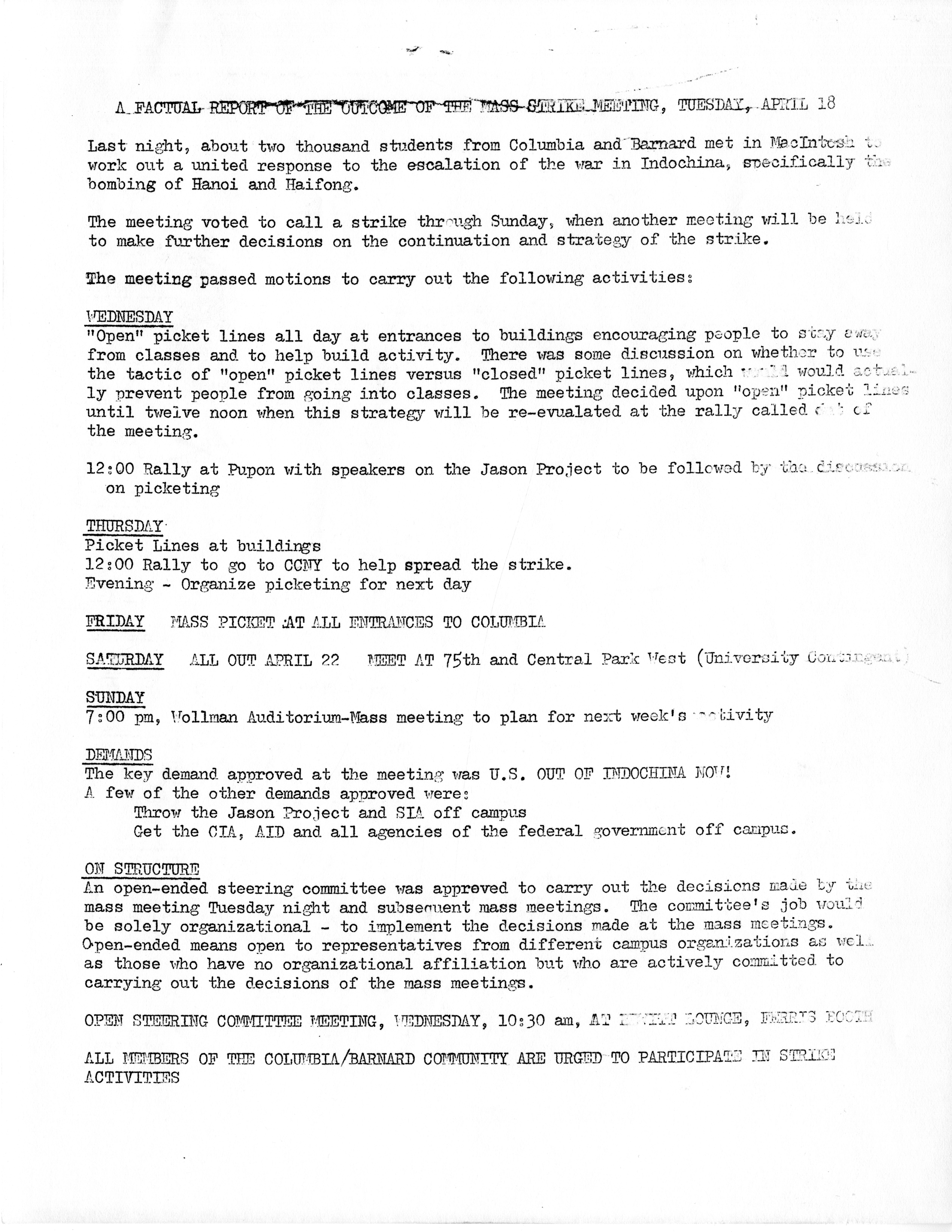 'A Factual Report of the Outcome of the Mass Strike Meeting,' April 19, 1972.