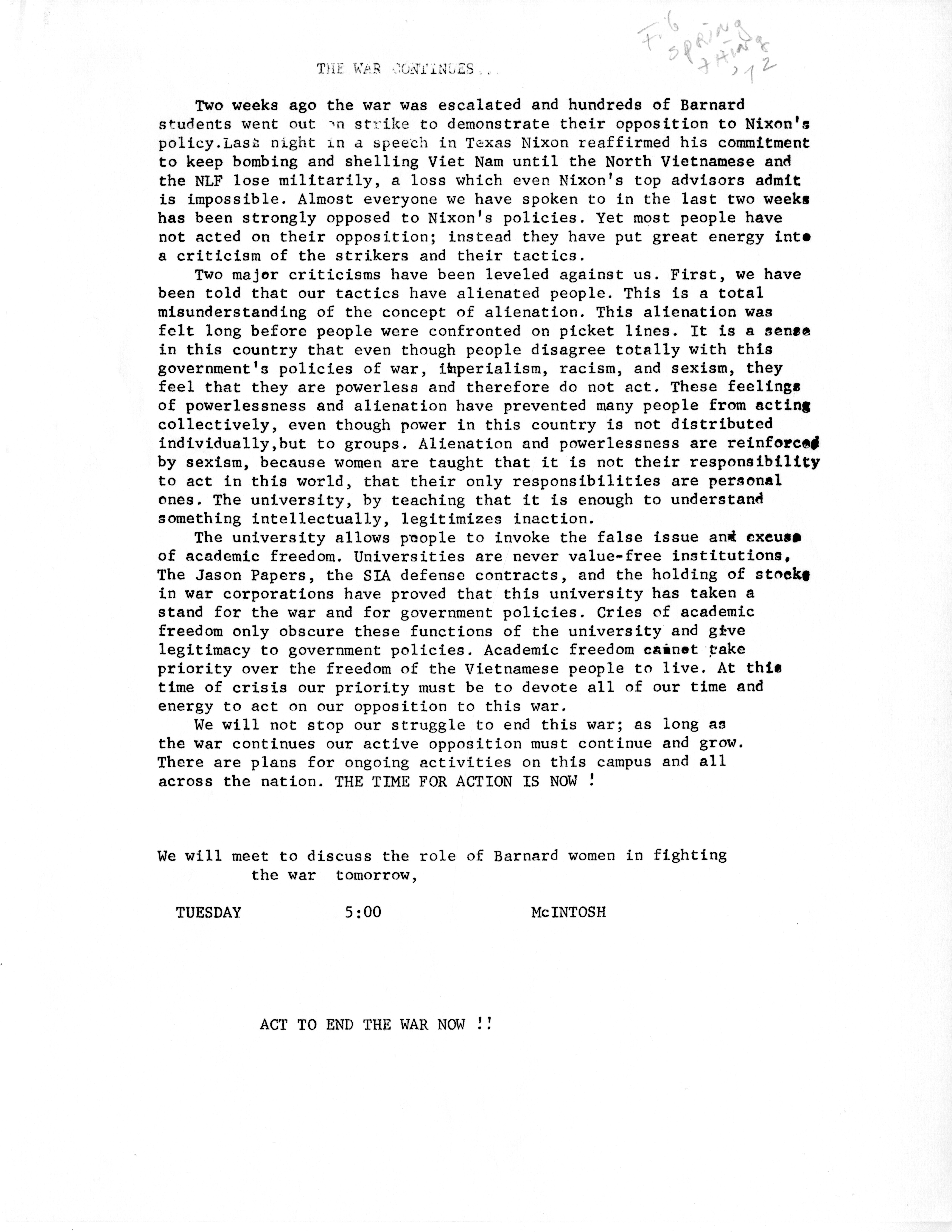 'The War Continues...' flyer, April 17, 1972.