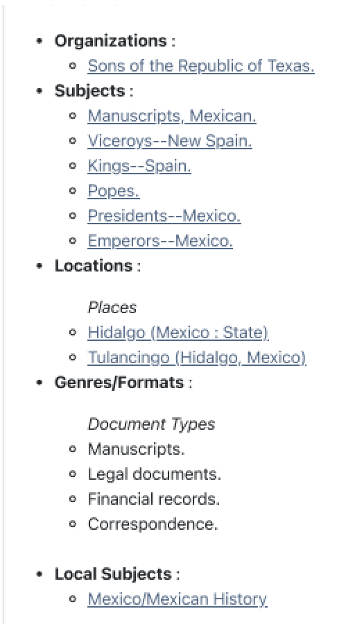 Subject headings from SRT collection