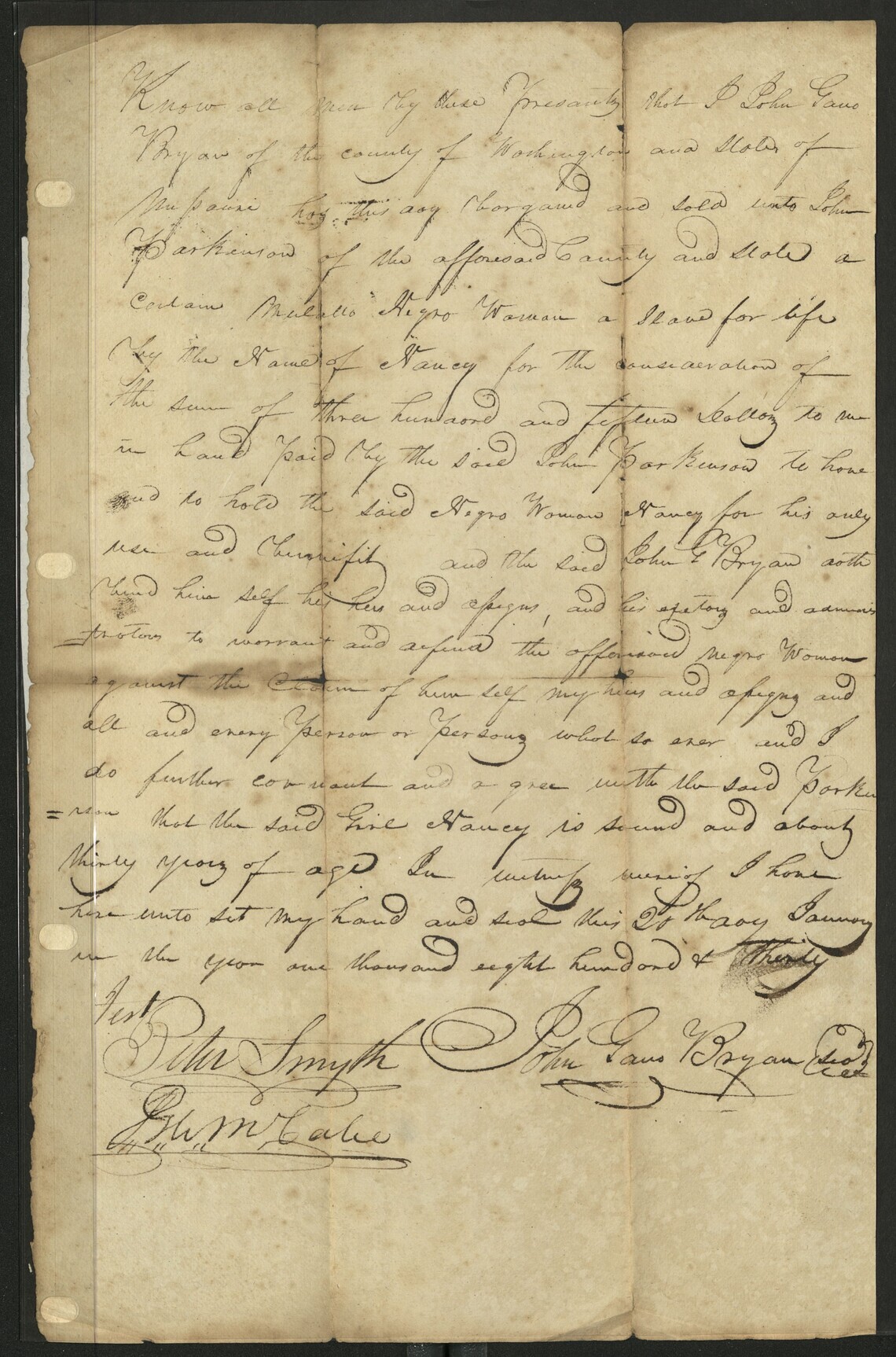 Bill of sale for Nancy, an enslaved mulatto woman