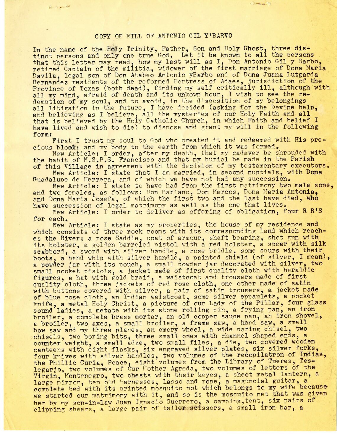 Copy of will of Gil Antonio Ibarvo